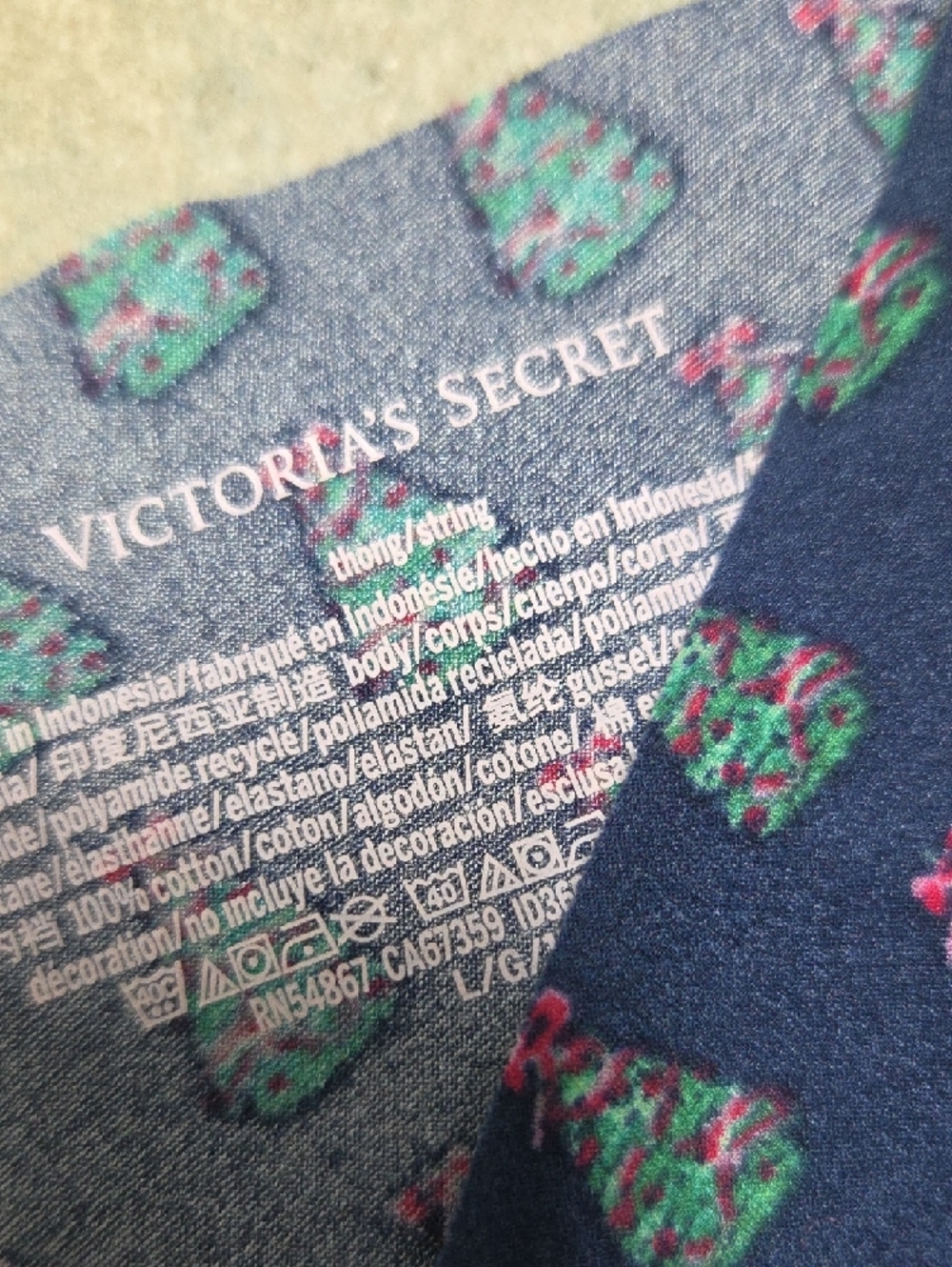 Victoria's Secret Navy Blue Thong with Green & Pink Tree Pattern - Picture 4 of 4